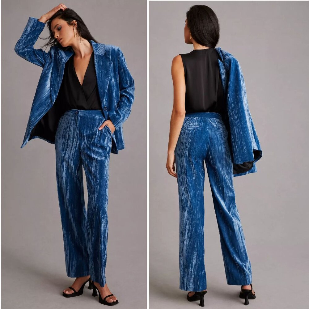 STELLA NOVA Livi PANTS Size 36 S Blue Crushed Velvet Straight Leg Pockets NEW